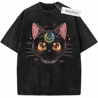 Vintage Crescent Moon Black Cat Unisex T-Shirt - Retro 90s Magical Girl Anime Graphic Tee