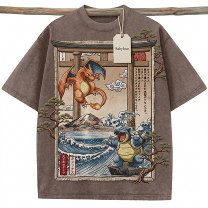 Vintage Fire Dragon vs Water Cannon Turtle Shirt, Japanese Anime Monster Battle Graphic Unisex T-Shirt
