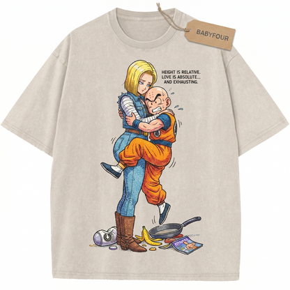 Vintage 90s Fighting Anime Couple Graphic Unisex T-Shirt - Retro Cyborg Girl and Bald Monk Embrace Tee