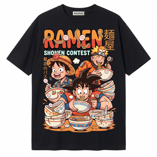 Vintage Shonen Ramen Contest Anime Graphic Unisex Tshirt - Retro Ninja Pirate Fighter Noodle Tee
