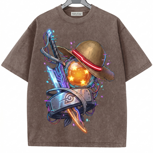 Vintage Shonen Anime Mashup Unisex T-Shirt  Straw Hat, Shinobi Ninja, Dragon Orb & Soul Reaper Graphic Tee