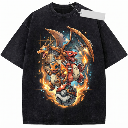 Vintage Fire Lizard Evolution Anime Graphic Unisex Tshirt, Retro Pocket Monster Starter Tee