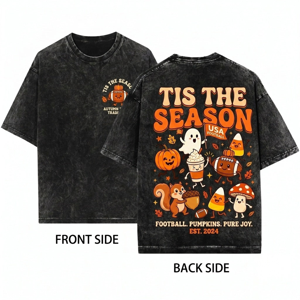Cute Cozy Autumn Fall Halloween Pumpkin Ghost Football Coffee Candy Corn Doodles Unisex Wash T-Shirt