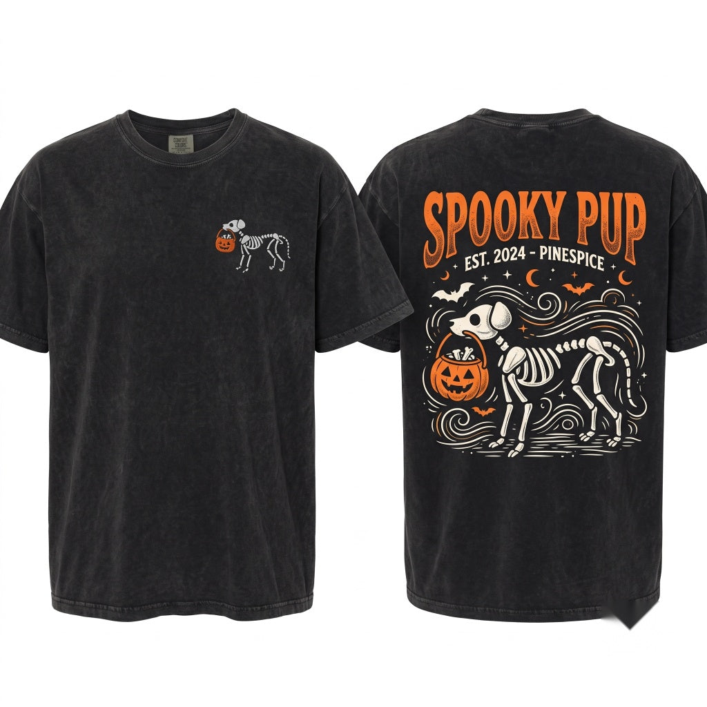 Embroidered Skeleton Dog Halloween Trick Treat Spooky Pet Lover Cozy Fall Boo Gift Unisex Wash T-Shirt