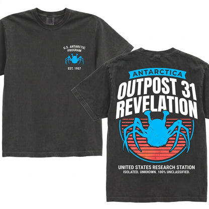 Outpost 31 Antarctica Research Logo Retro 80s Horror Movie Graphic Unisex Wash T-Shirt