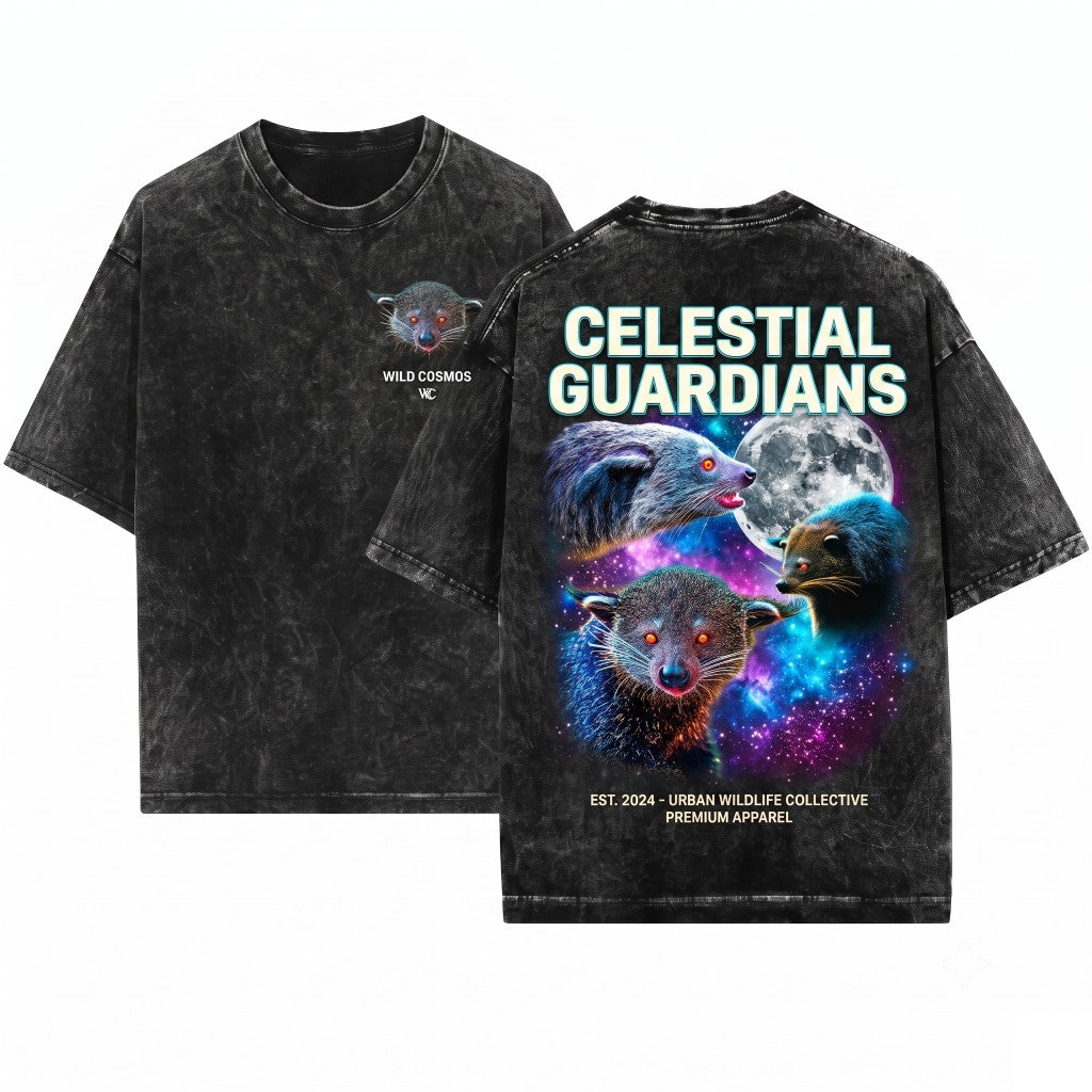 Retro Three Binturong Bearcat Moon Jungle Animal Graphic Oversized Gift Unisex Wash T-Shirt