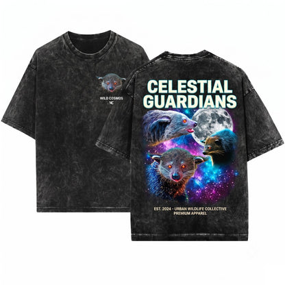 Retro Three Binturong Bearcat Moon Jungle Animal Graphic Oversized Gift Unisex Wash T-Shirt