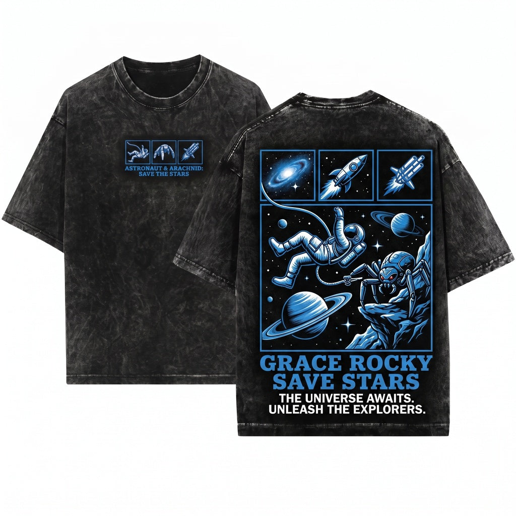 Project Hail Mary Grace Rocky Embroidered Crewneck Save Stars Trio Sci Fi Space Apparel Gift Movie Fan Unisex Wash T-Shirt