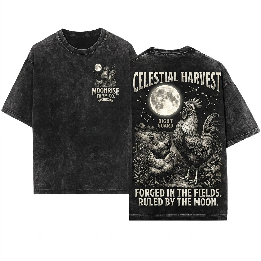 Vintage Farm Chicken Graphic Country Western Barnyard Rural Farmhouse Rooster Crowing Full Moon Unisex Wash T-Shirt