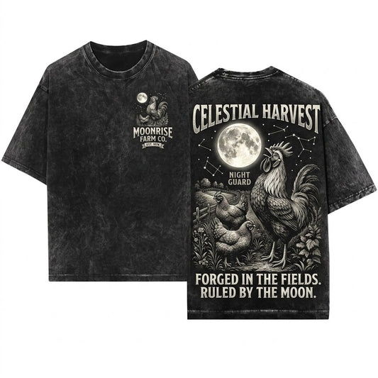 Vintage Farm Chicken Graphic Country Western Barnyard Rural Farmhouse Rooster Crowing Full Moon Unisex Wash T-Shirt