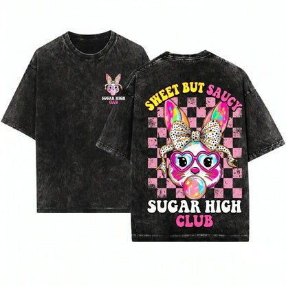 Easter Bunny Coquette Happy Brushstroke Womens Graphic Unisex Wash T-Shirt