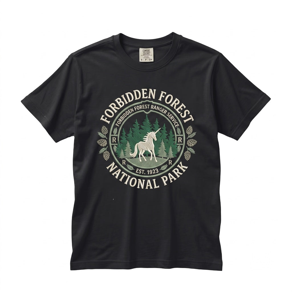 Forbidden Forest National Park Embroidered Magical Wizard School Unicorn Book Lovers Bookish Unisex TShirt
