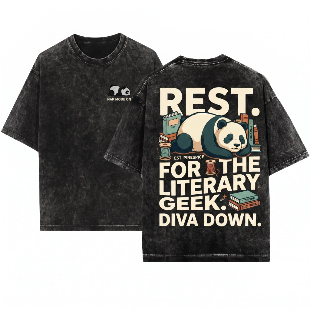 Diva Down Embroidered Panda Bear Graphic Vintage Unisex Wash T-Shirt