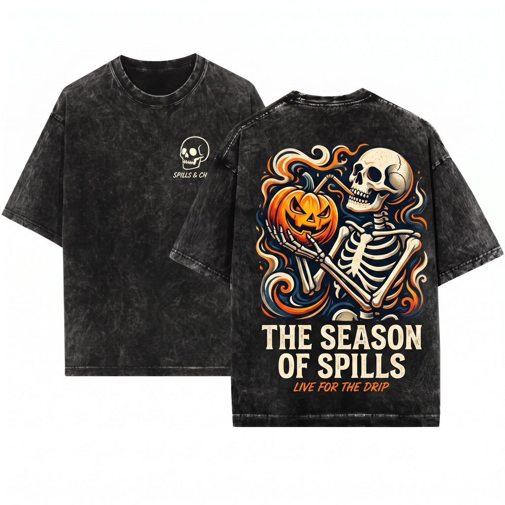 Tis The Season Skeleton Pumpkin Halloween Summerween Fall Unisex Wash T-Shirt