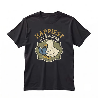 Happiest With a Book Cute Duck Reading Embroidered Heavyweight Cotton Graphic Bookish Gift Cozy Reader Unisex TShirt