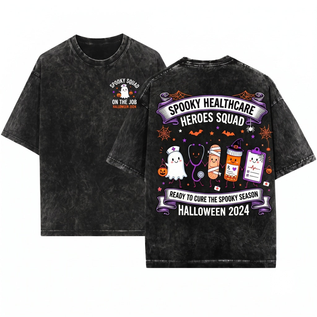 Halloween Ghost Mummy Medical Nurse Life Doodles Stethoscope Pill Bottle Graphic Unisex Wash T-Shirt