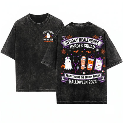 Halloween Ghost Mummy Medical Nurse Life Doodles Stethoscope Pill Bottle Graphic Unisex Wash T-Shirt