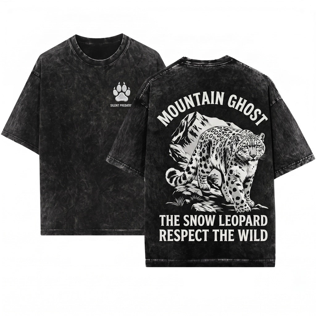 Retro Snow Leopard Mountain Graphic Alpine Wildlife Rugged Wilderness Nature Big Cat Lover Gift Unisex Wash T-Shirt