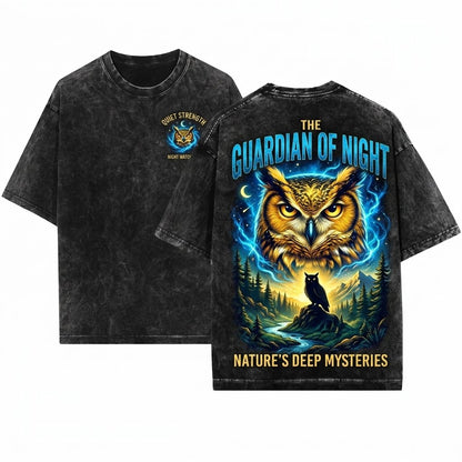 Retro Dark Forest Great Horned Owl Lover Graphic Gift Unisex Wash T-Shirt