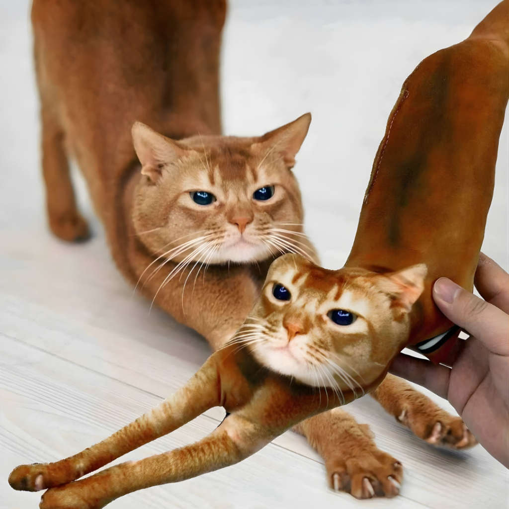 Two orange cats stretching their legs on a white background