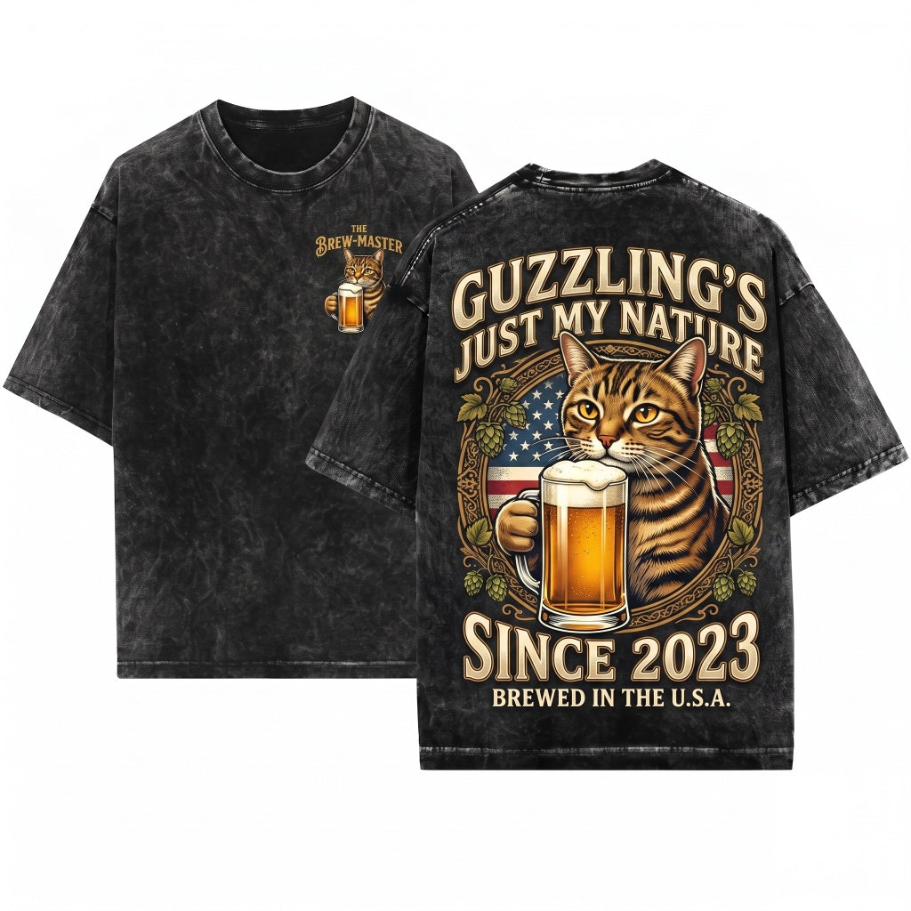 Cat Beer Vintage 90s Funny Meme Drunk Fun Kitty Graphic Unisex Wash T-Shirt
