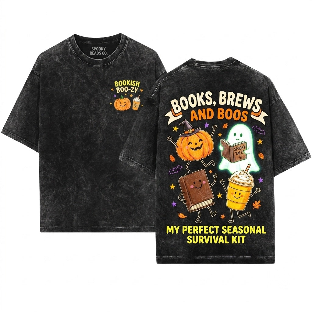 Cute Halloween Doodles Smiling Pumpkin Ghost Book Coffee Characters Cozy Fall Reader Graphic Unisex Wash T-Shirt