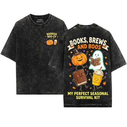 Cute Halloween Doodles Smiling Pumpkin Ghost Book Coffee Characters Cozy Fall Reader Graphic Unisex Wash T-Shirt