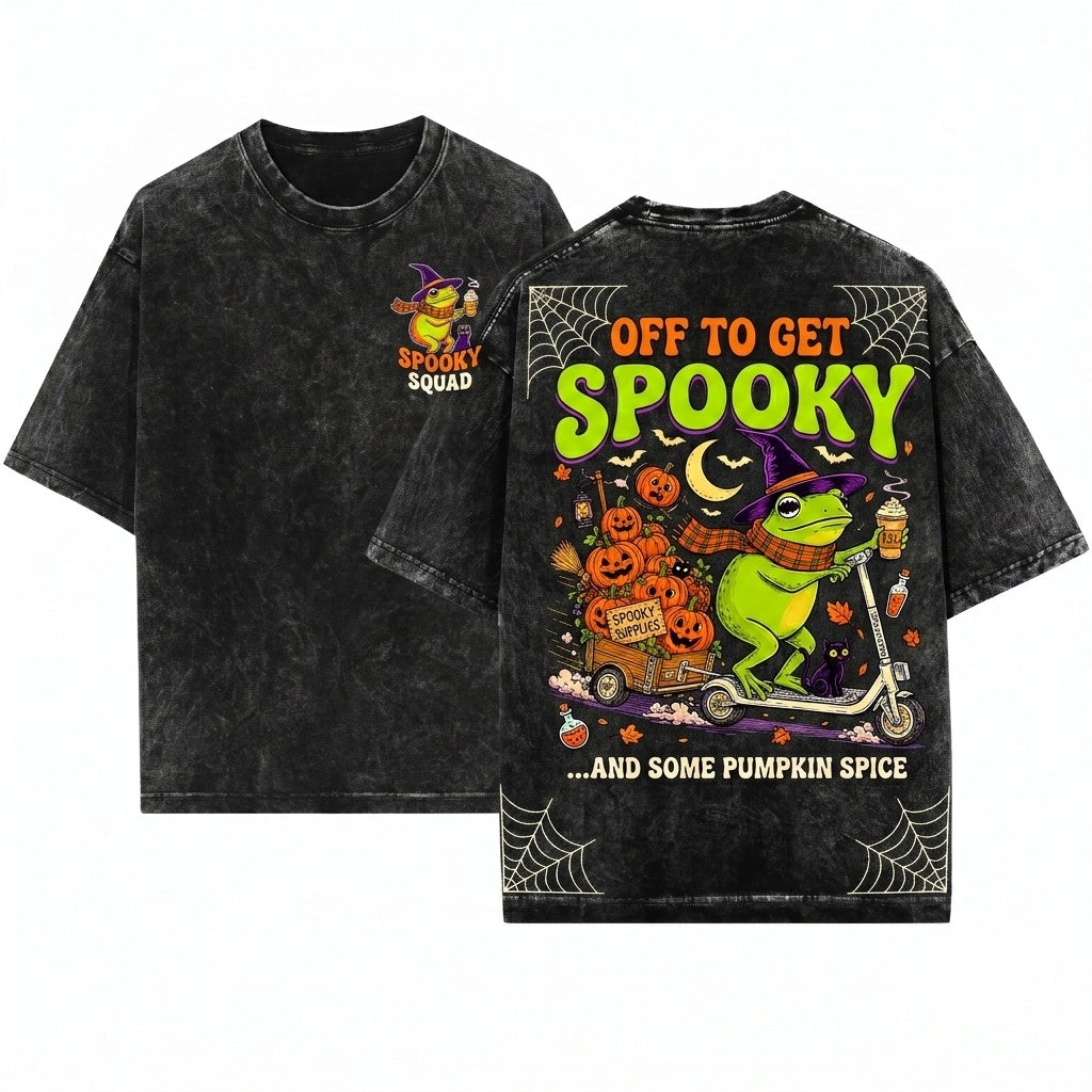 Vintage Halloween Frog Riding Scooter Pumpkin Cart Off Get Spooky Season Funny Fall Sweatshirt Unisex Wash T-Shirt