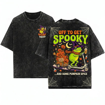 Vintage Halloween Frog Riding Scooter Pumpkin Cart Off Get Spooky Season Funny Fall Sweatshirt Unisex Wash T-Shirt