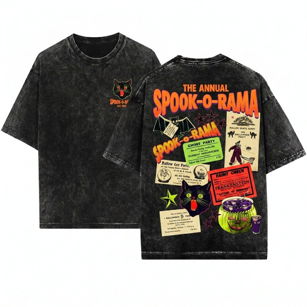 Retro Vintage Halloween Spooky Season Ephemera Party Bat Cat Unisex Wash T-Shirt