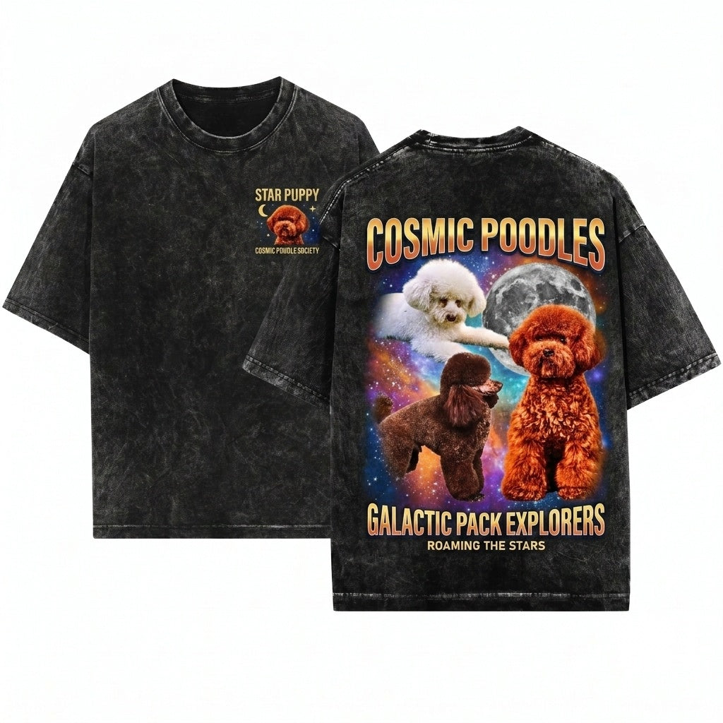 Vintage Retro Graphic Three Poodle Moon Funny Oversized Meme Dog Unisex Wash T-Shirt