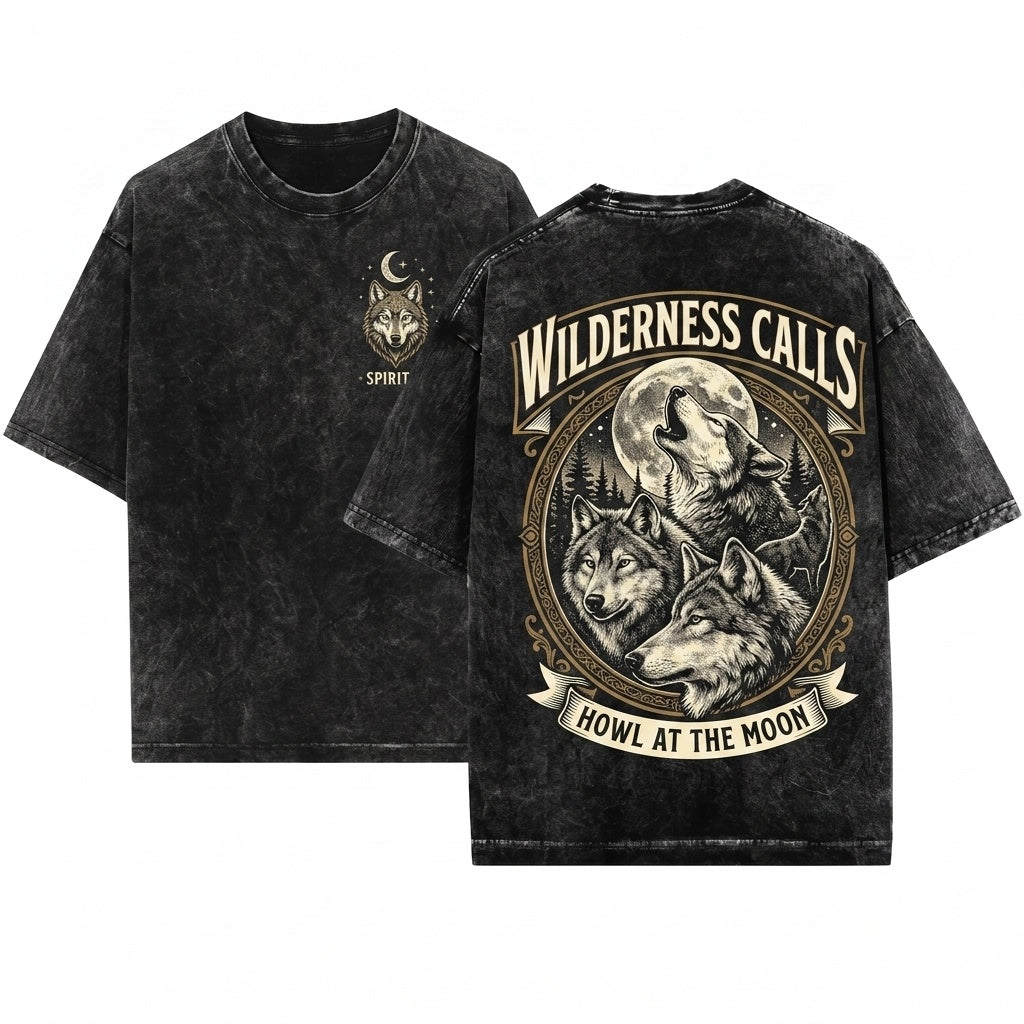 Wolf Vintage 90s Grunge Retro Faded Wild Nature Howling Moon Y2k Gothic 2000s Gift Unisex Wash T-Shirt