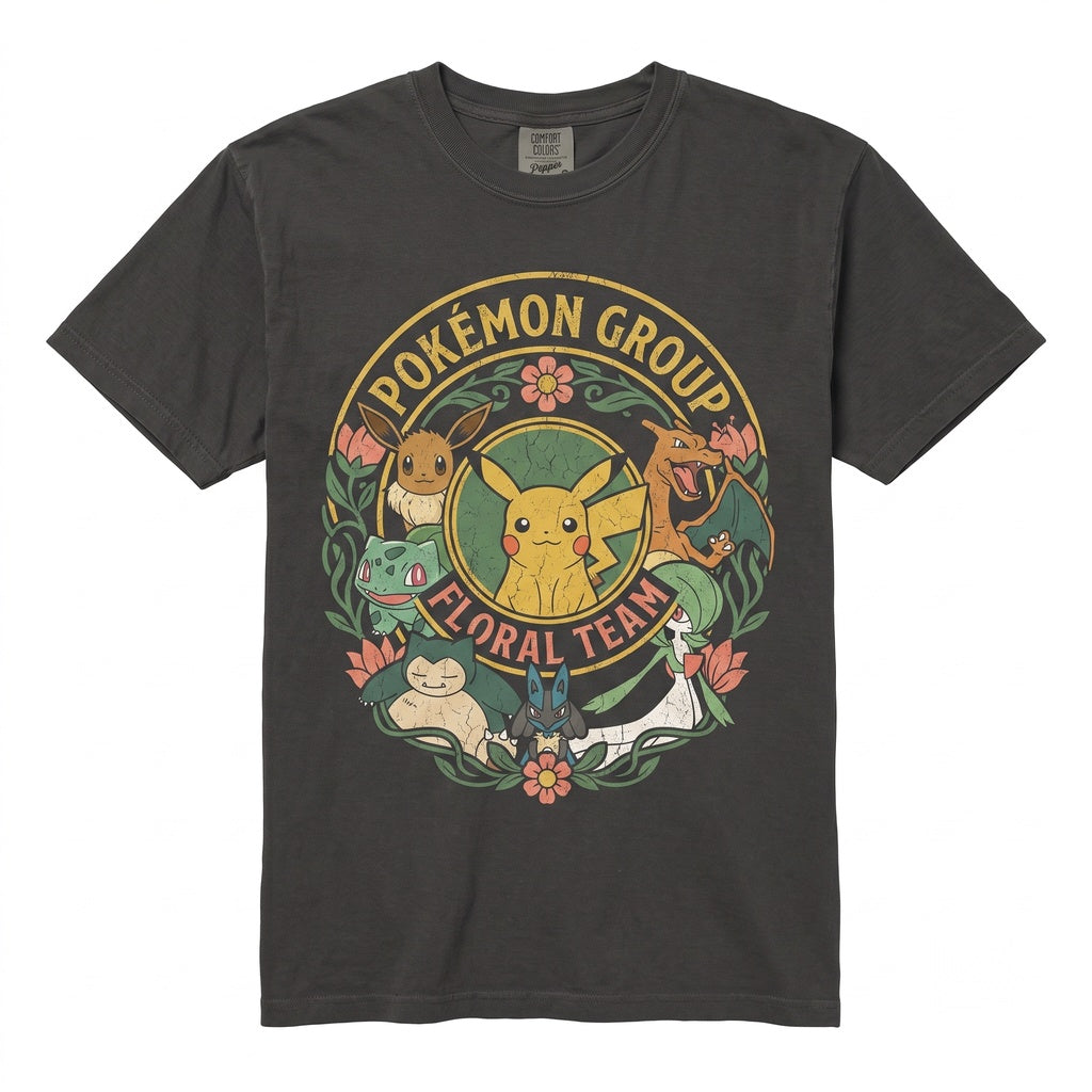 Vintage Cute Japanese Anime Character Floral Graphic Pocket Monster Gift for Women Unisex TShirt
