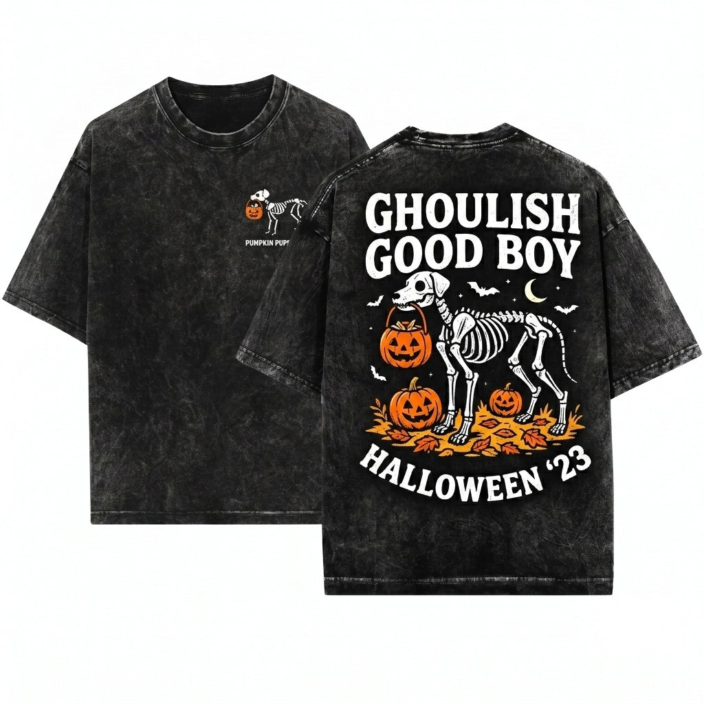 Embroidered Skeleton Dog Halloween Trick Treat Spooky Pet Lover Cozy Fall Boo Gift Unisex Wash T-Shirt