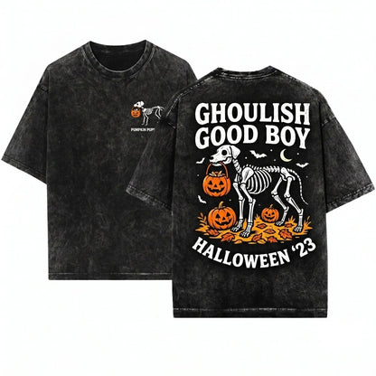 Embroidered Skeleton Dog Halloween Trick Treat Spooky Pet Lover Cozy Fall Boo Gift Unisex Wash T-Shirt