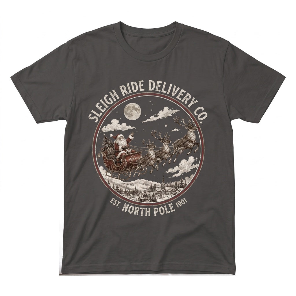 Vintage Santa Sleigh Reindeer Graphic Snowy Village Holiday Classic Christmas Gift Unisex TShirt