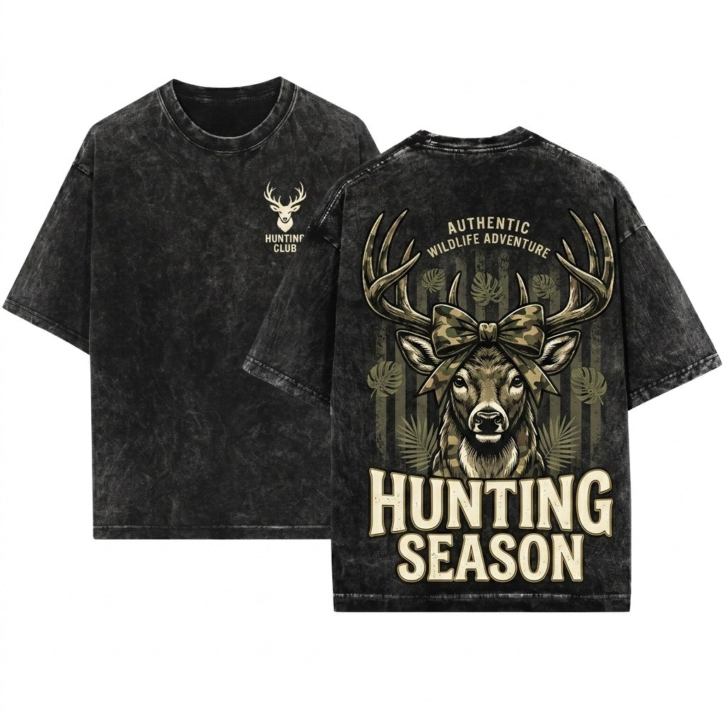 Preppy Hunting Season Deer Camo Bow Distressed Coquette Hunter Girl Fall Unisex Wash T-Shirt