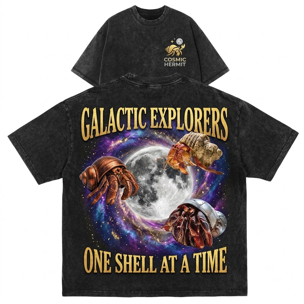 Three Hermit Crab Moon Vintage Crustacean Galaxy Graphic Cosmic Beach Lover Space Animal Streetwear Gift Unisex Wash T-Shirt