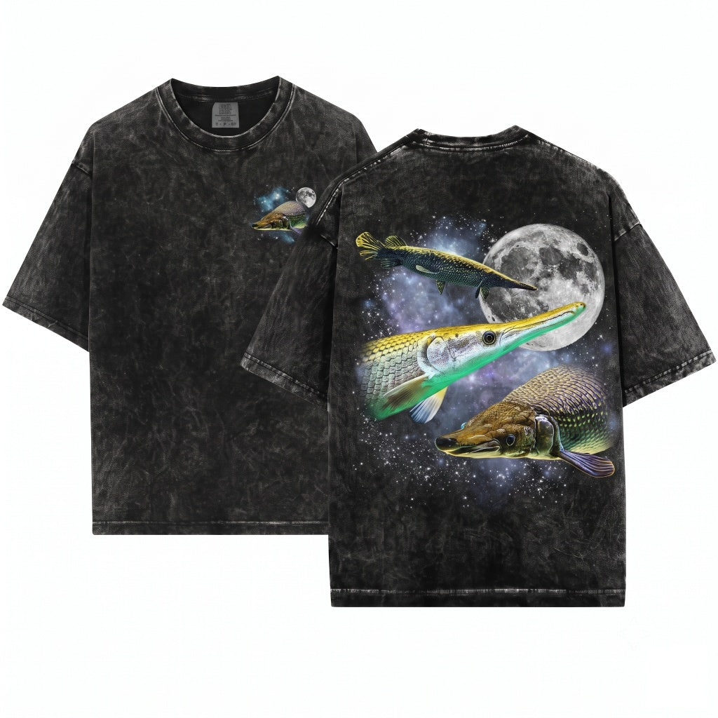 Three Alligator Gar Moon Galaxy Atractosteus Spatula Retro Aquarium Hobbyist Gift Aquatic Pet Graphic Unisex Wash T-Shirt
