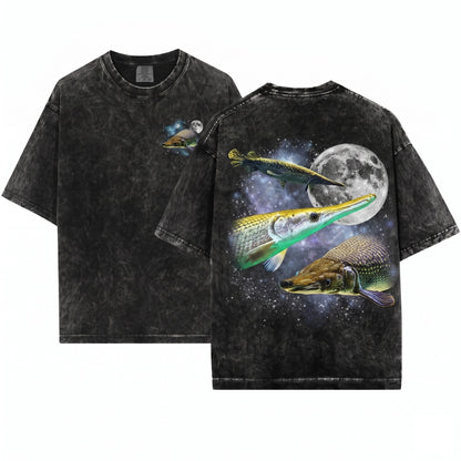 Three Alligator Gar Moon Galaxy Atractosteus Spatula Retro Aquarium Hobbyist Gift Aquatic Pet Graphic Unisex Wash T-Shirt