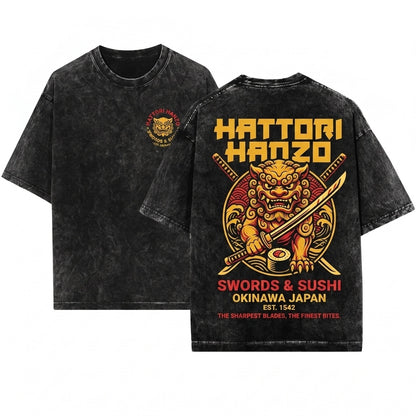 Hattori Hanzo Japanese Samurai Katana Graphic Emblem Unisex Wash T-Shirt