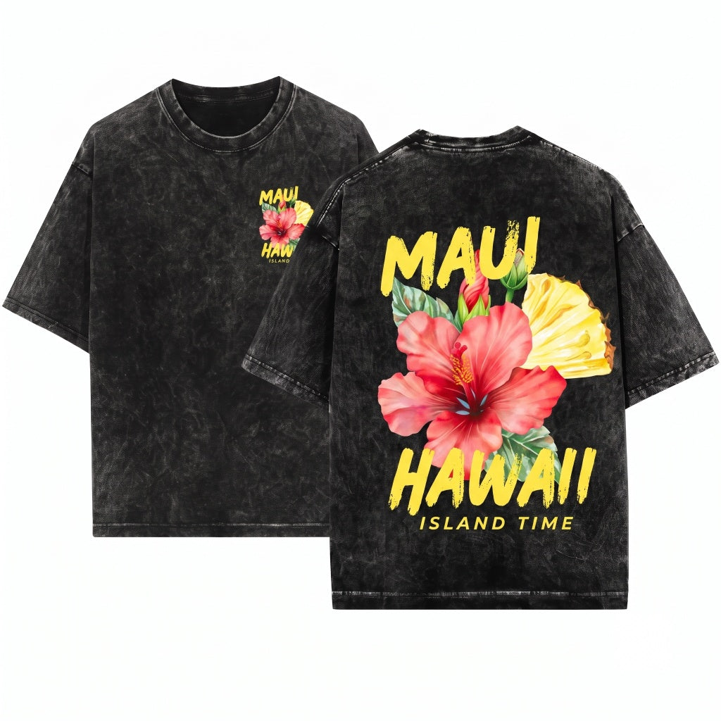 Maui Hawaii Pineapple Hibiscus Graphic Island Floral Summer Vintage Casual Men Women Apparel Unisex Wash T-Shirt