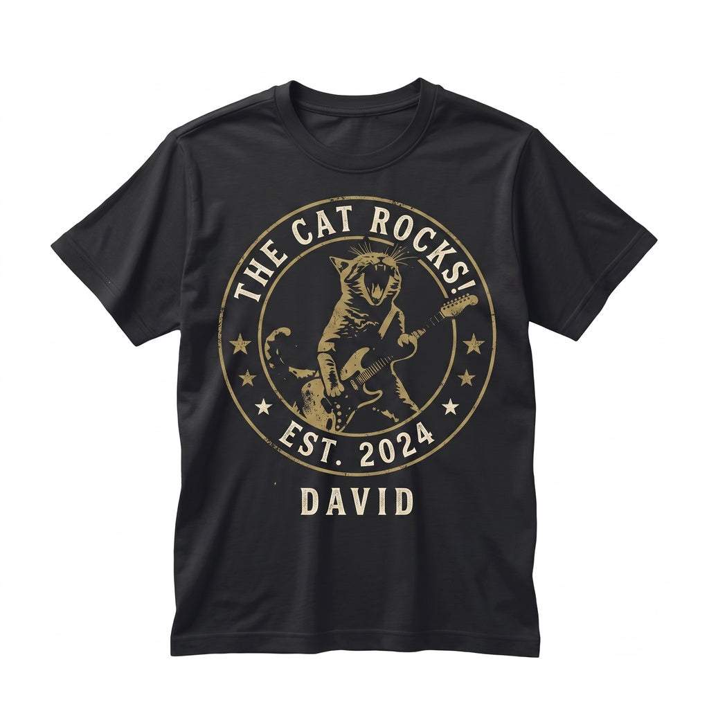 Funny Rock Cat Playing Guitar Multicolored Graphic Music Lover Apparel Adult Unisex TShirt