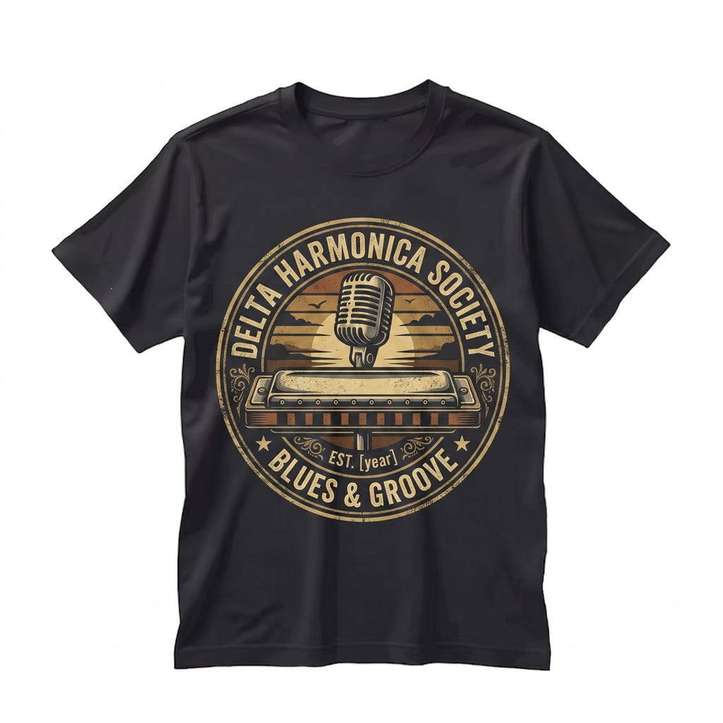 Vintage Blues Harmonica Player Gift Retro Country Soul Guitar Mic Music Fan Apparel Unisex TShirt