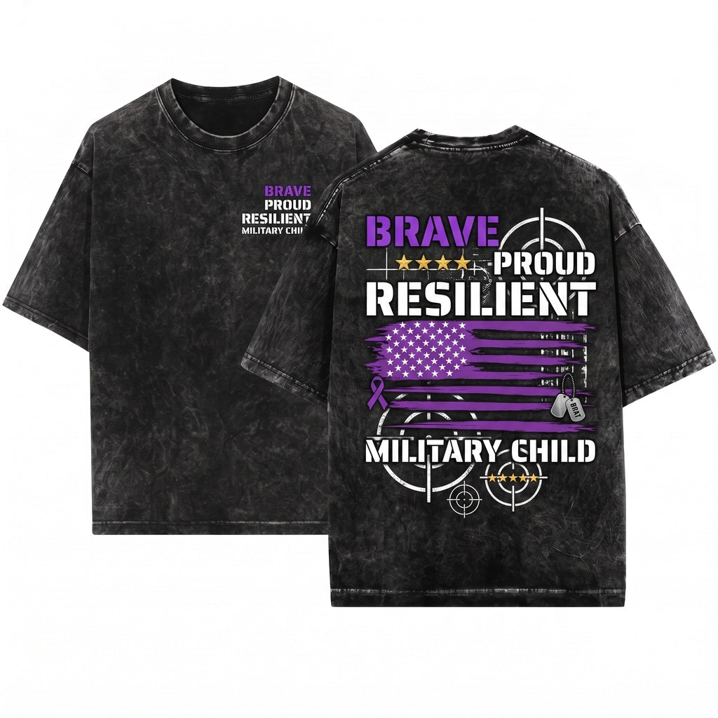 Purple Up Military Child Month Proud Brave Resilient American Flag Graphic Armed Forces Family Support Unisex Wash T-Shirt