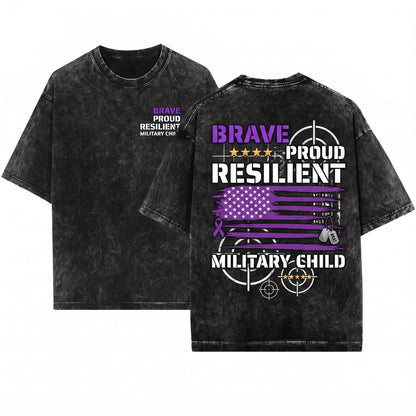 Purple Up Military Child Month Proud Brave Resilient American Flag Graphic Armed Forces Family Support Unisex Wash T-Shirt
