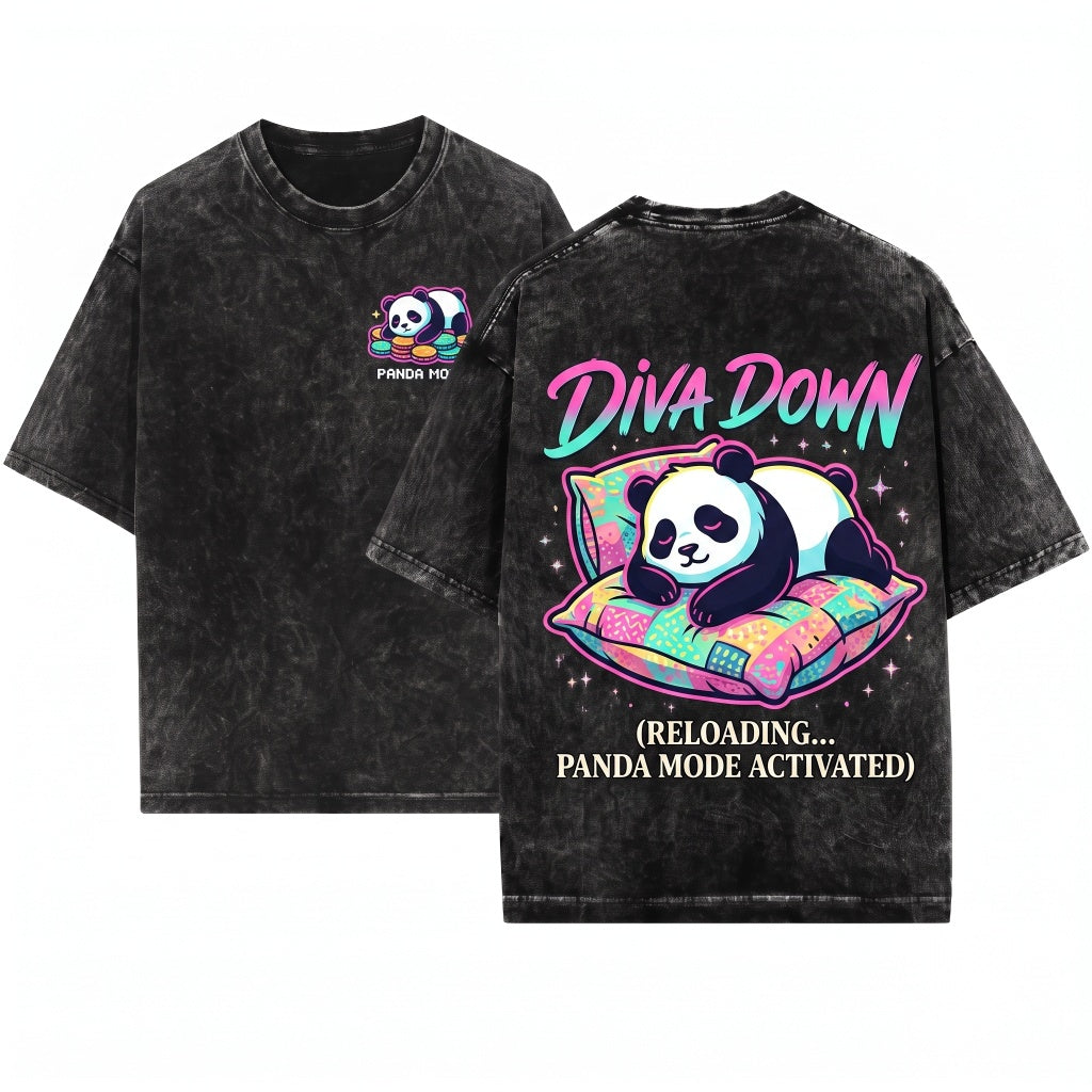 Diva Down Embroidered Panda Bear Graphic Vintage Unisex Wash T-Shirt