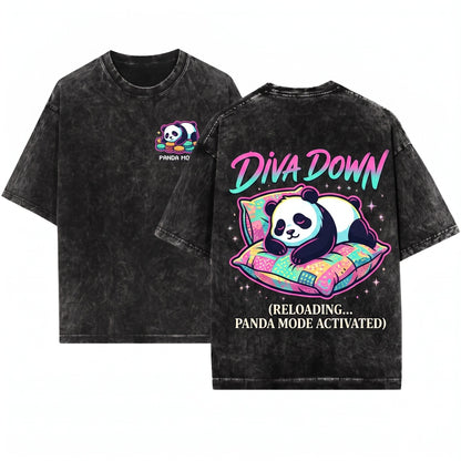 Diva Down Embroidered Panda Bear Graphic Vintage Unisex Wash T-Shirt