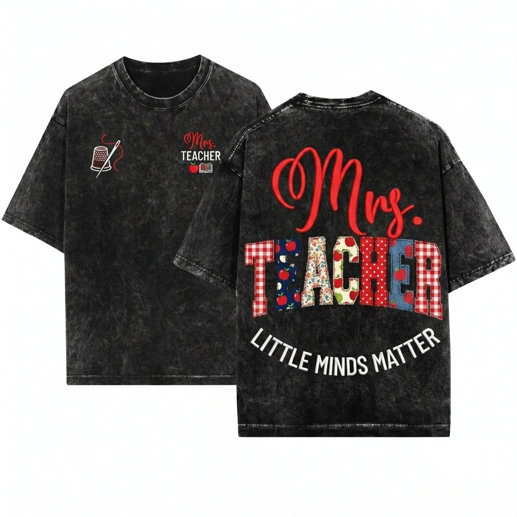 Faux Patchwork Custom Name Apple Plaid Polka Dot Teacher Back To School Gift Unisex Wash T-Shirt