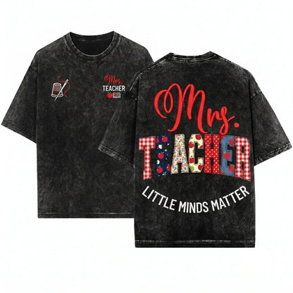 Faux Patchwork Custom Name Apple Plaid Polka Dot Teacher Back To School Gift Unisex Wash T-Shirt